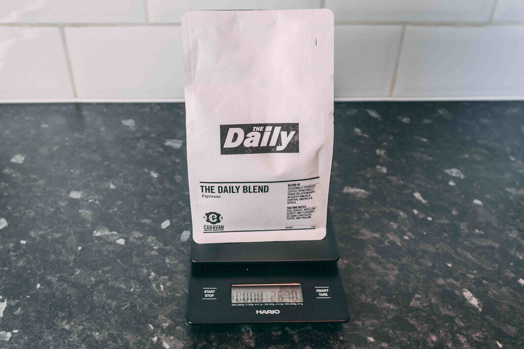 Coffee bag on a set of scales